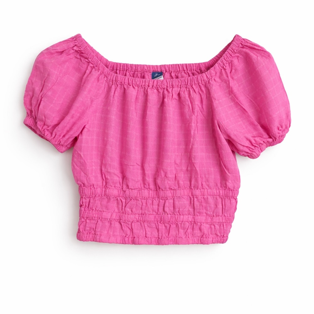Old Navy Girls Pink Smocked Crop Top XL 14–16 Off Shoulder Puff Sleeve